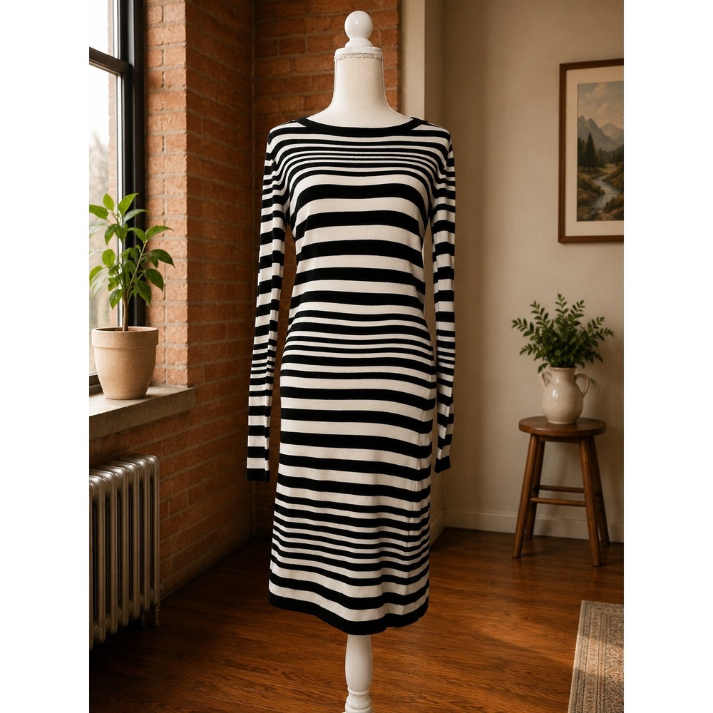 French Connection Striped Sweater Dress Long Sleeve Bodycon Chic 6 Classy Preppy